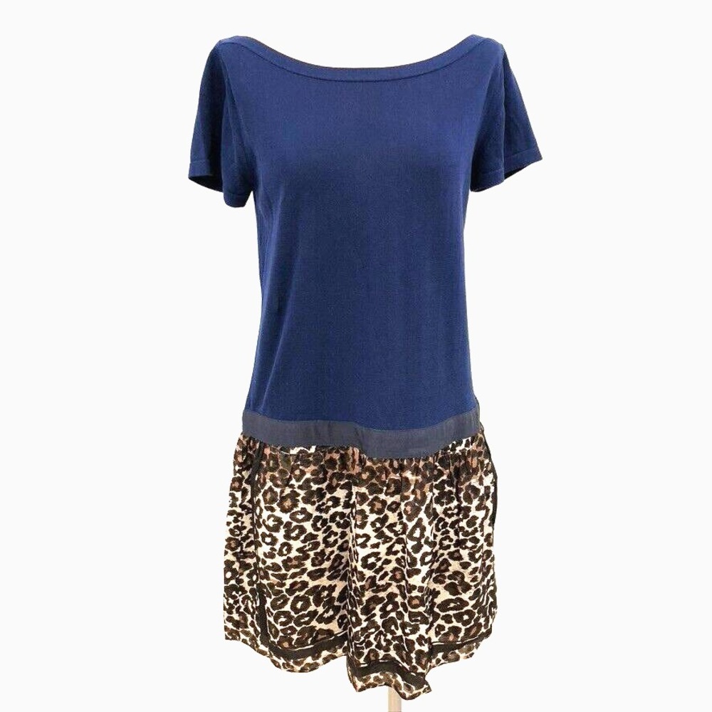 Sacai Drop Waist Dress Blue Knit Leopard Print Pockets Womens Large 3